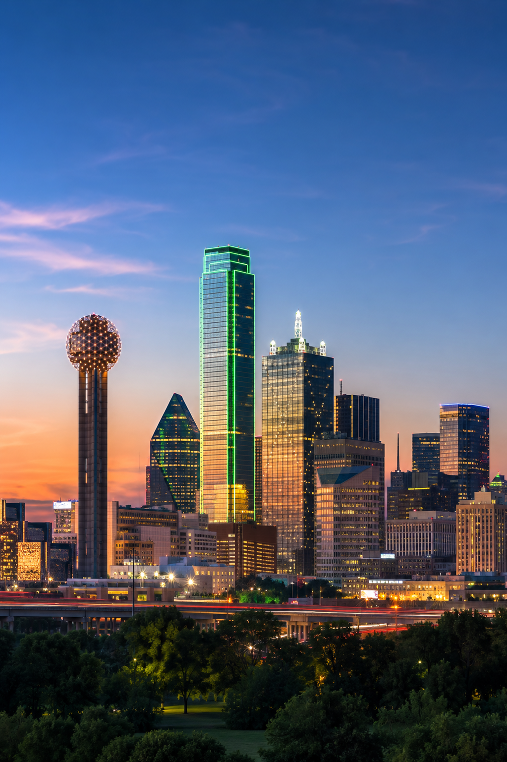 City skyline at dusk